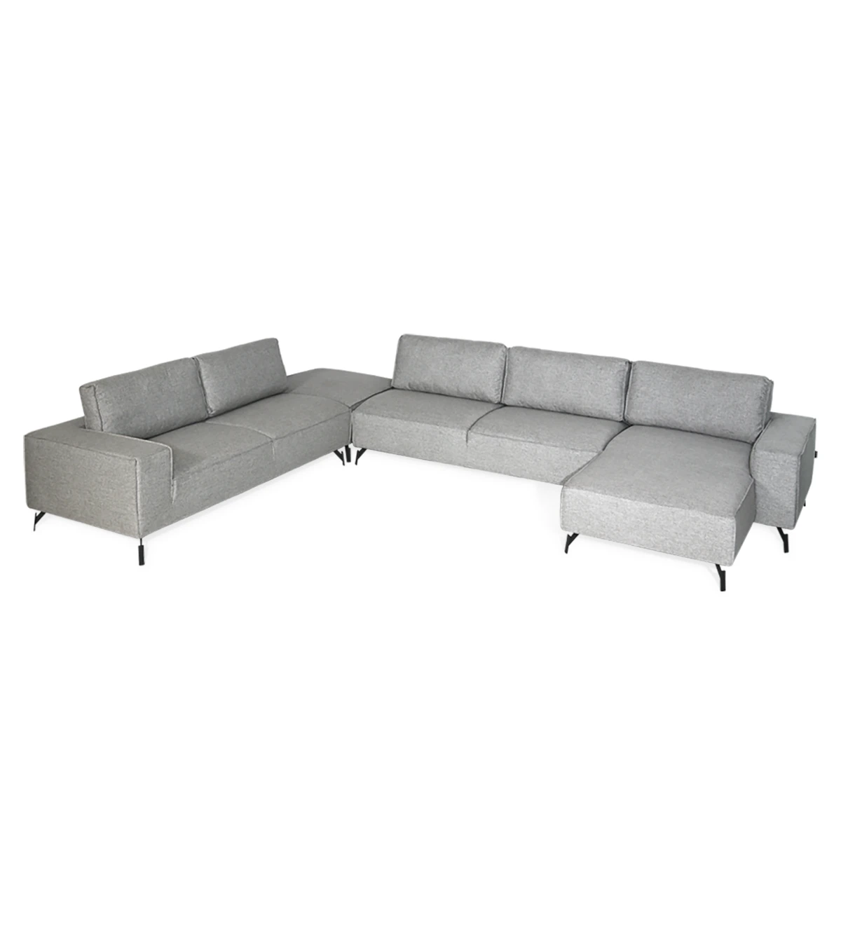 Tokyo corner sofa with chaise longue and pouf, upholstered in gray fabric, black lacquered metal legs, 410 x 313 cm.
