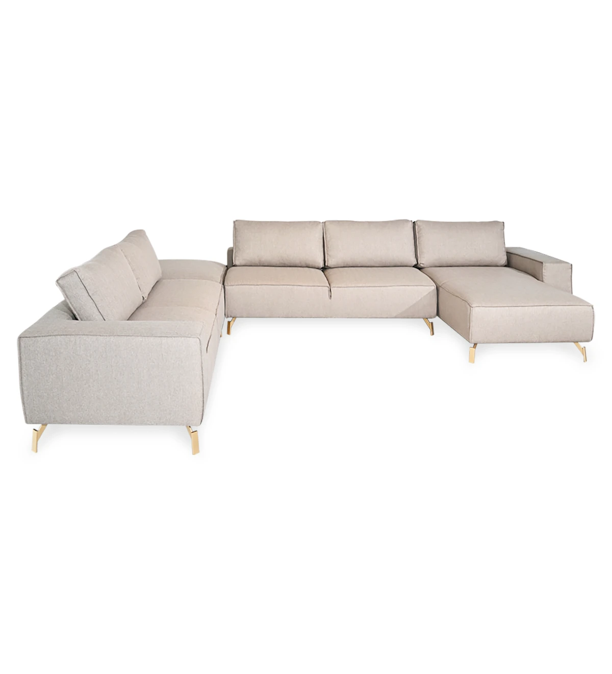 Corner sofa with chaise longue and puff, upholstered in fabric, with gold lacquered metal feet.