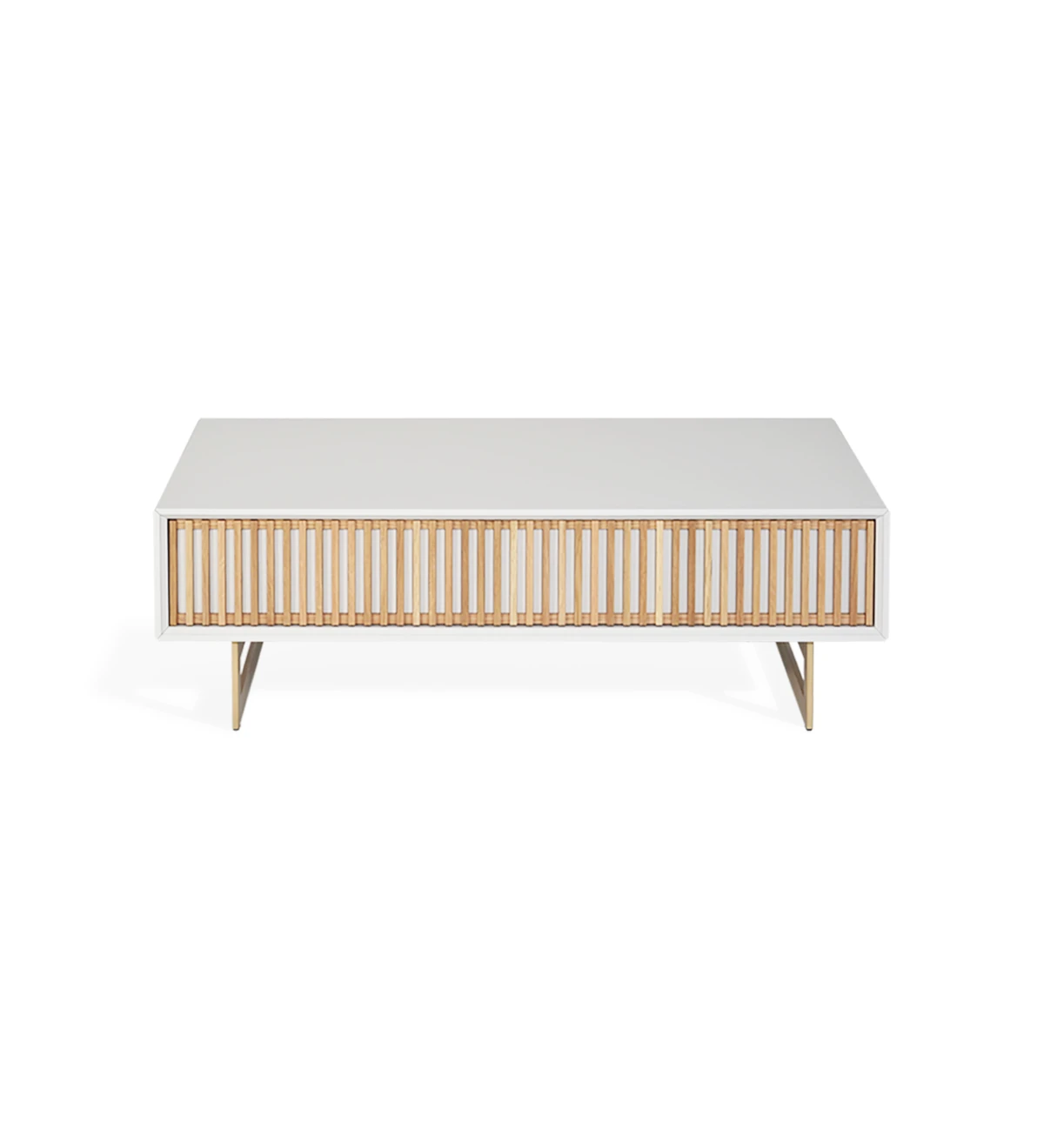 Table basse rectangulaire avec 1 tiroir en chêne naturel, structure laquée perle et pieds en métal laqué doré.