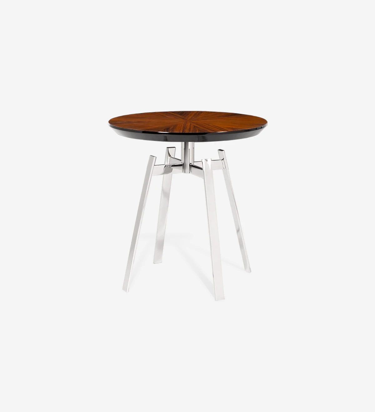 Table d'Appui ronde, avec plateau en palissandre brillant et pied en acier inoxydable.