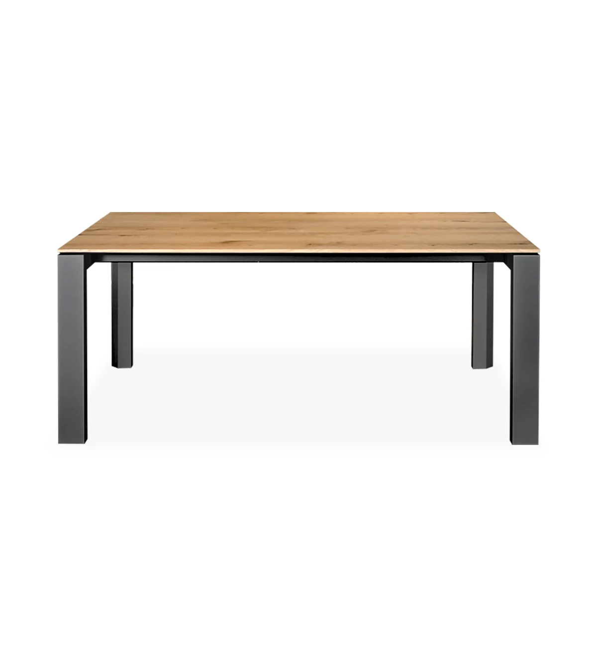 Rectangular extendable dining table with natural oak top, black lacquered metal legs.
