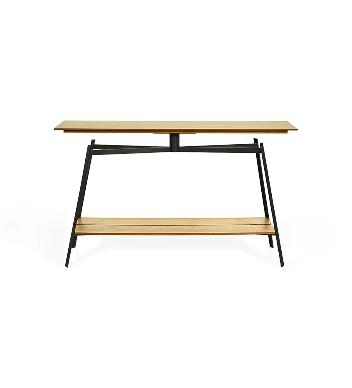 Console with top and shelf in natural oak, black lacquered metal foot.