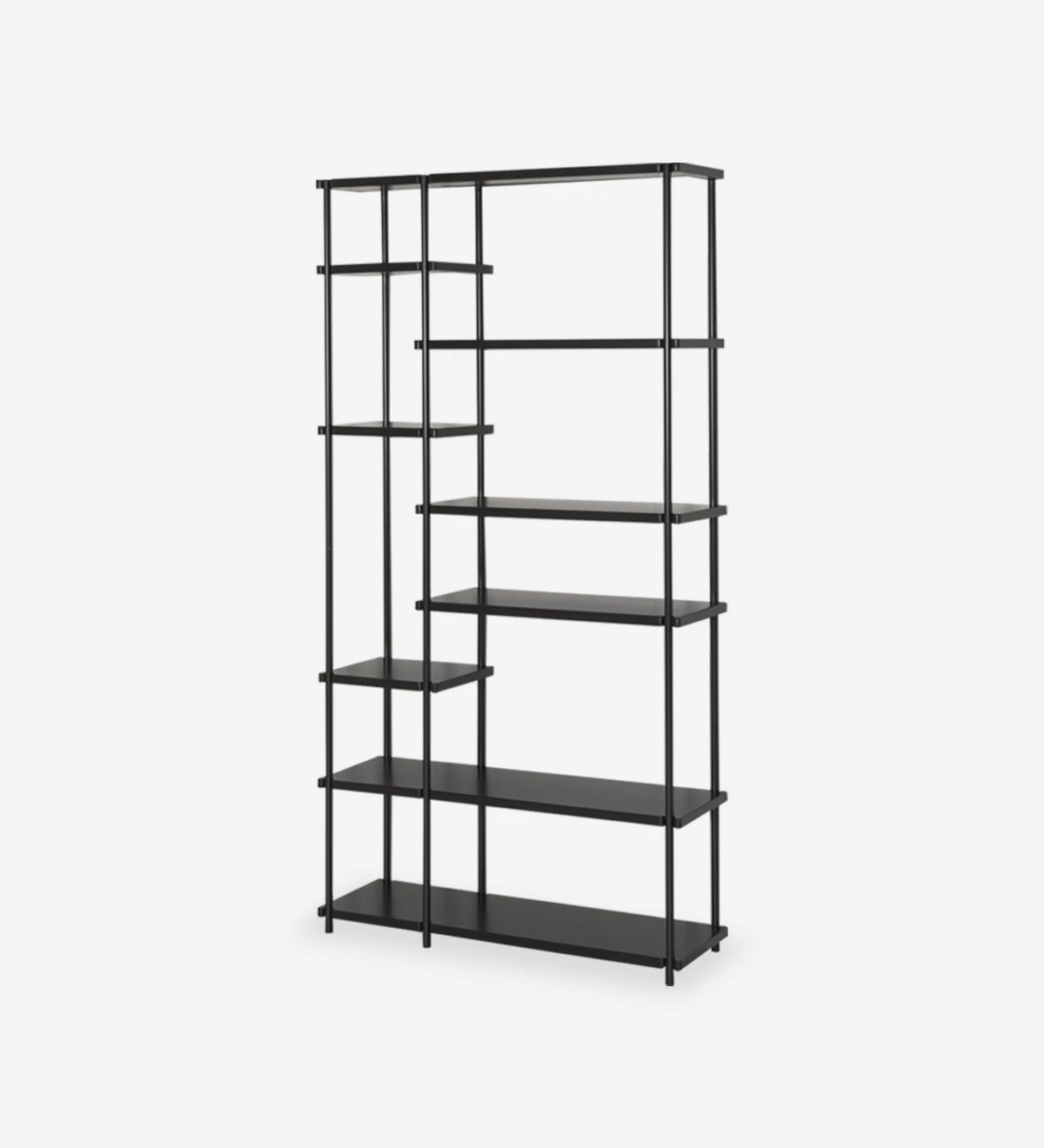 Haia bookcase with shelves and black lacquered metal structure, 105 x 202 cm.