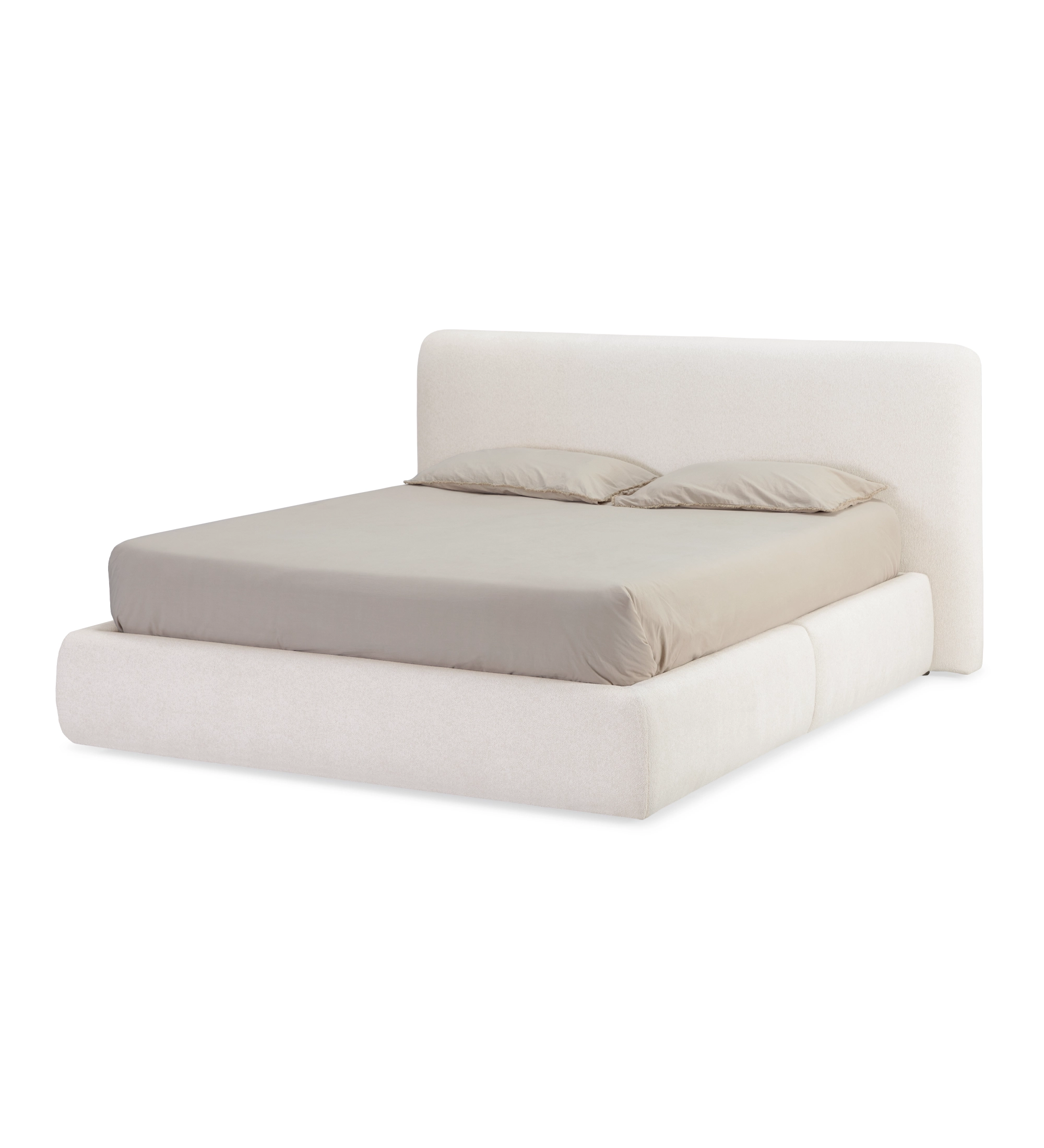 Cama doble con cabecero corto, tapizada en tela perla, con almacenaje mediante base elevable. 