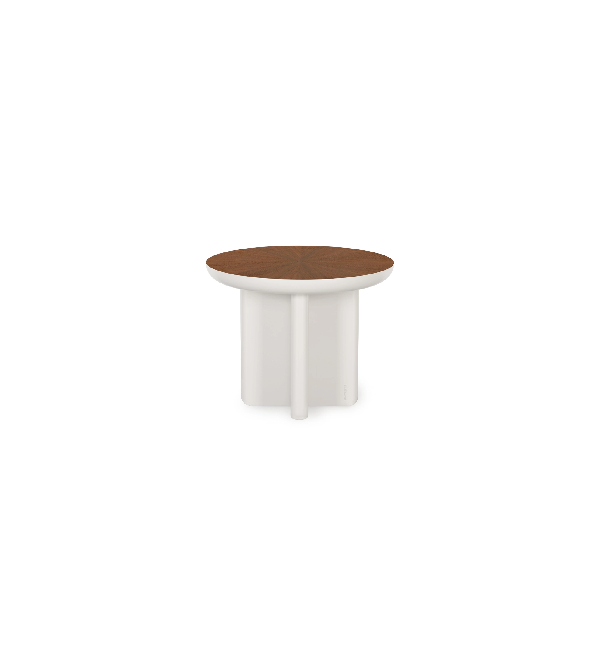 Mesa de centro Monaco lacada en perla con tapa chapada en nogal natural, Ø 55 cm.