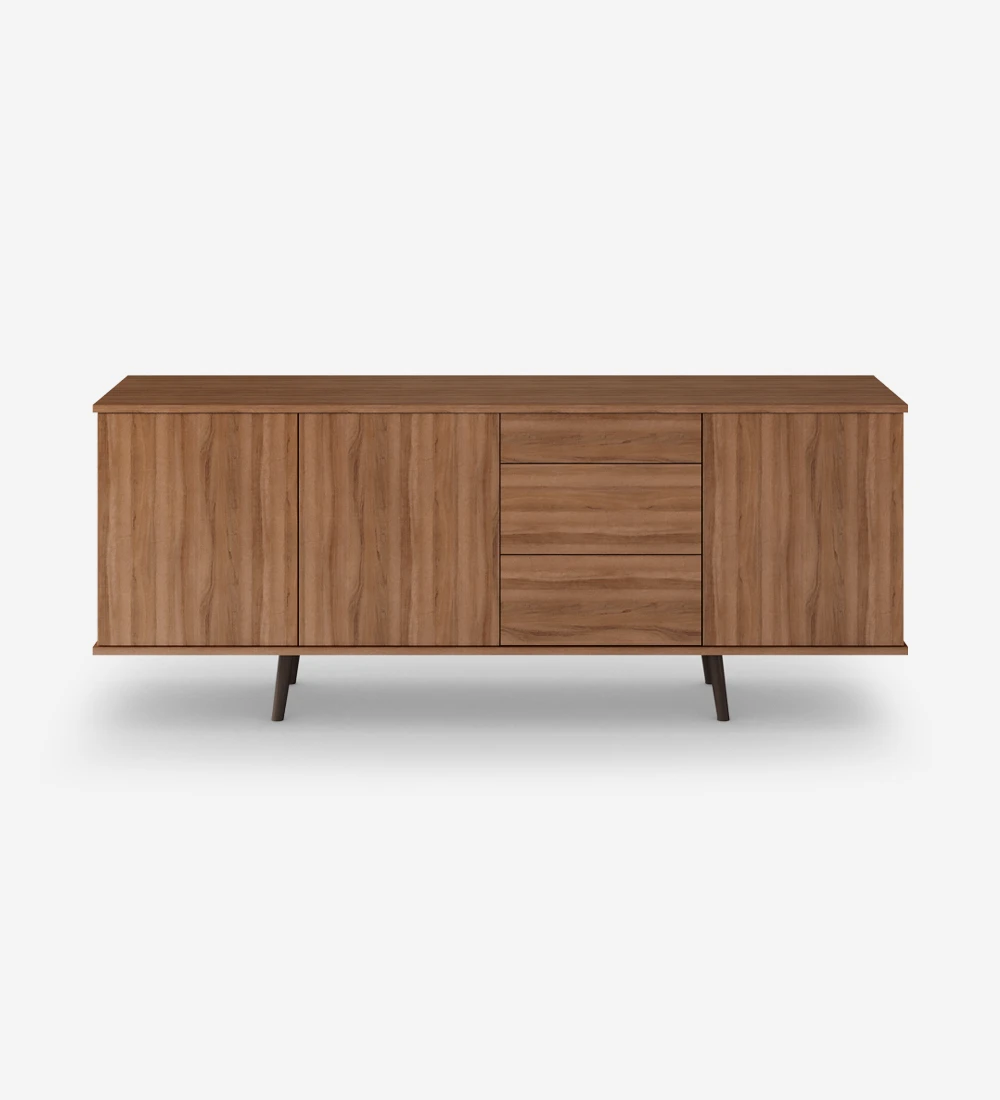 Oslo sideboard with 3 doors, 3 drawers and walnut structure, dark brown lacquered feet, 195 x 78,5 cm.