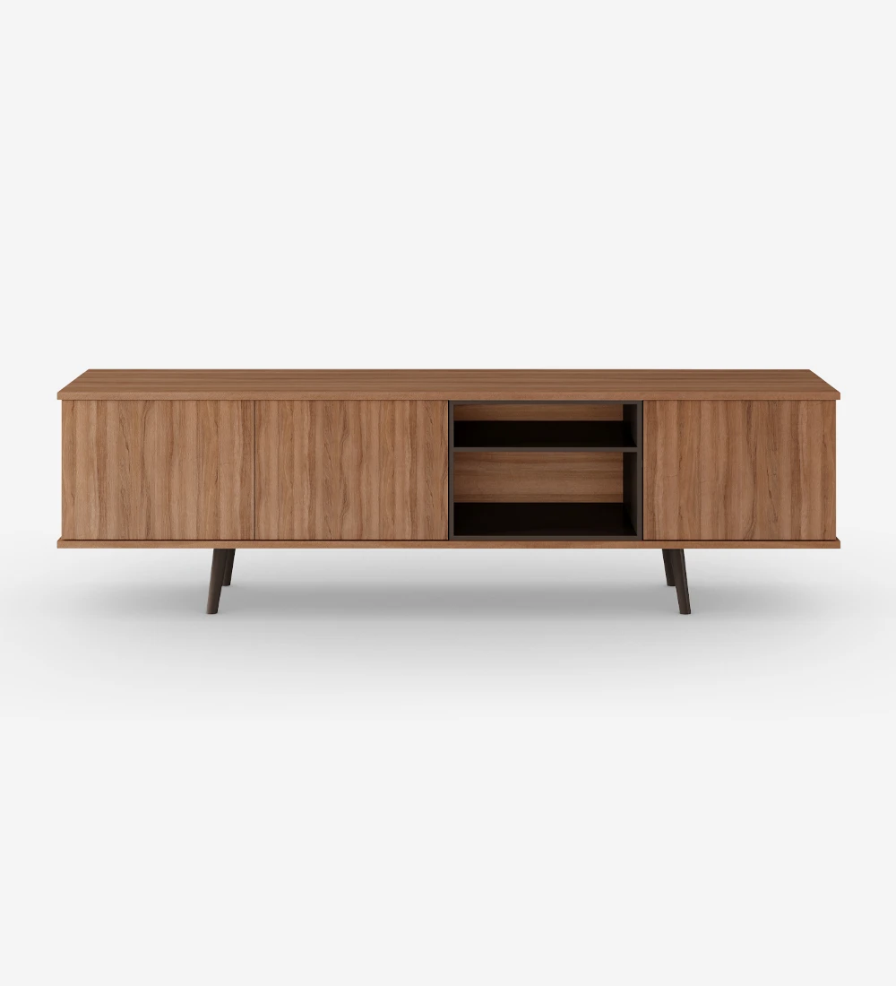 Oslo TV stand 3 doors and walnut structure, module and feet lacquered in dark brown, 200 x 58,8 cm.