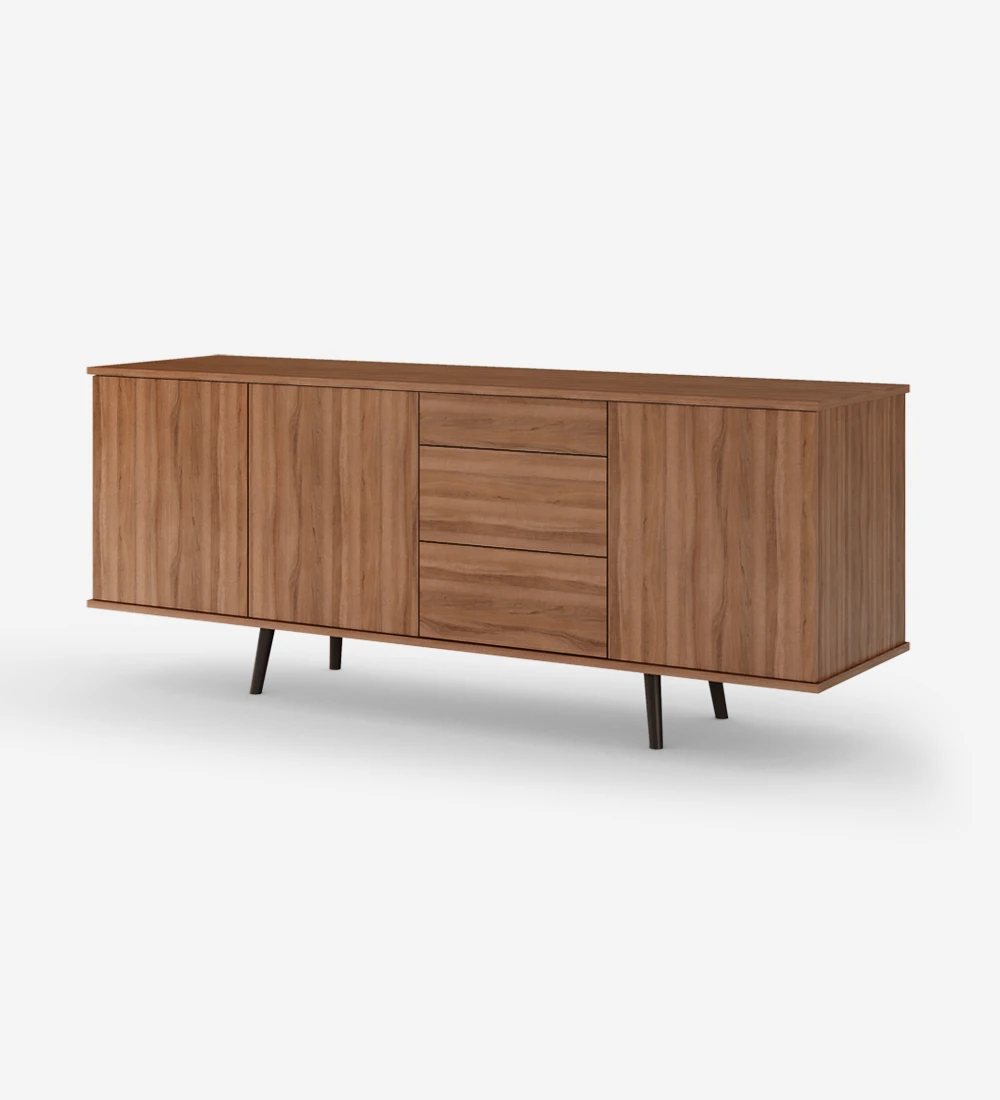 Oslo sideboard with 3 doors, 3 drawers and walnut structure, dark brown lacquered feet, 195 x 78,5 cm.