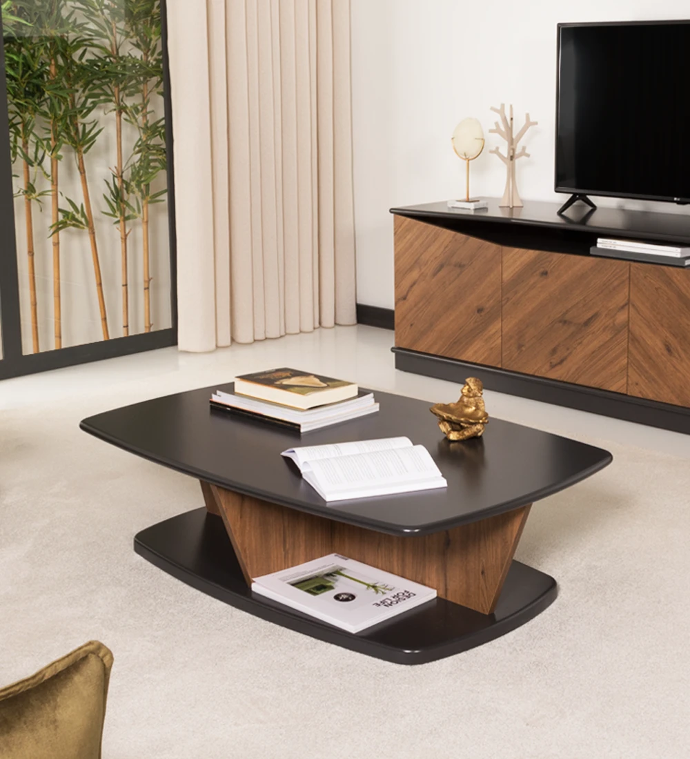 Rectangular center table, with black lacquered top and foot and aged oak structure