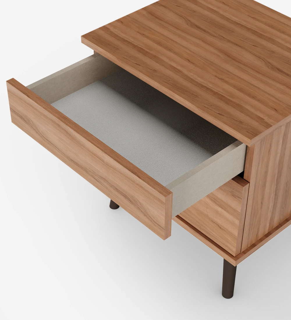 Bedside Table with 2 drawers and structure in walnut, with dark brown lacquered turned feet.
