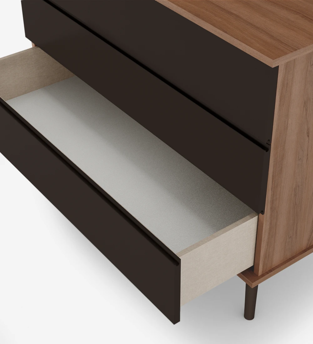 Dresser with 3 drawers with dark brown lacquered fronts, dark brown lacquered turned legs, walnut structure.