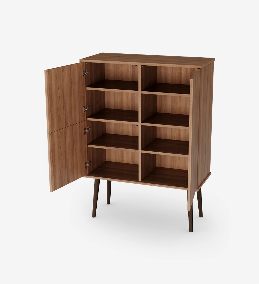 Oslo cupboard with 3 doors and walnut structure, dark brown lacquered feet, 100 x 137,7 cm.
