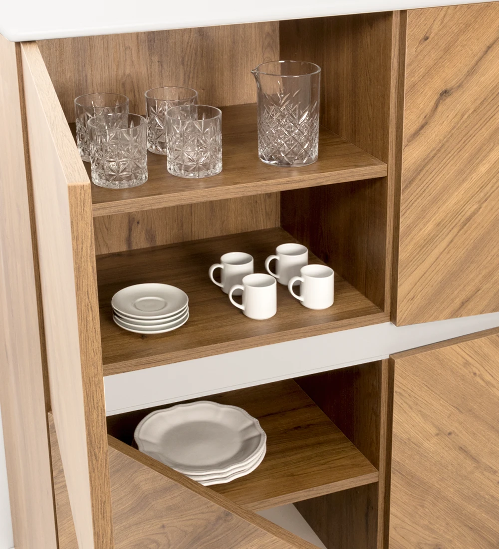 Cupboard with 4 doors and aged oak structure, top, baseboard and detail lacquered in pearl.