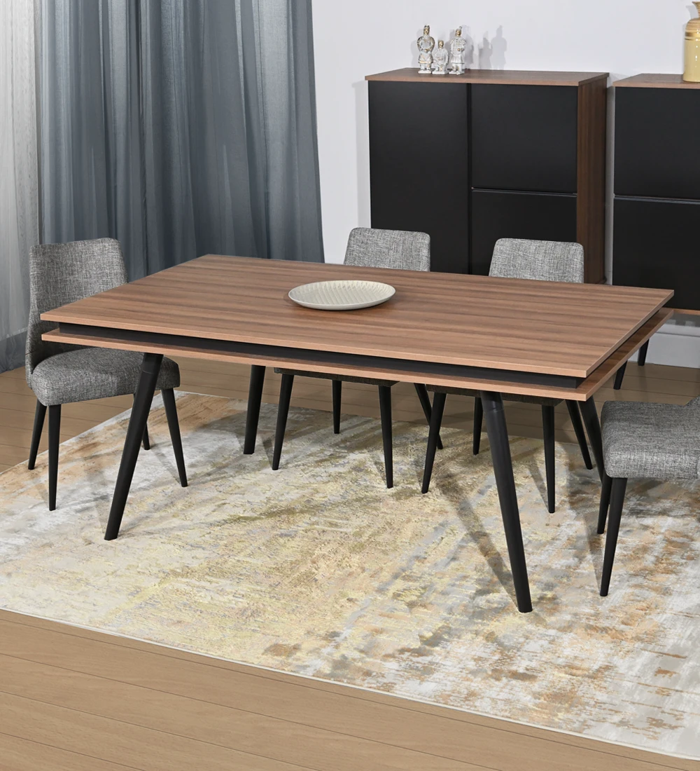Rectangular extendable dining table with walnut top, dark brown lacquered legs.
