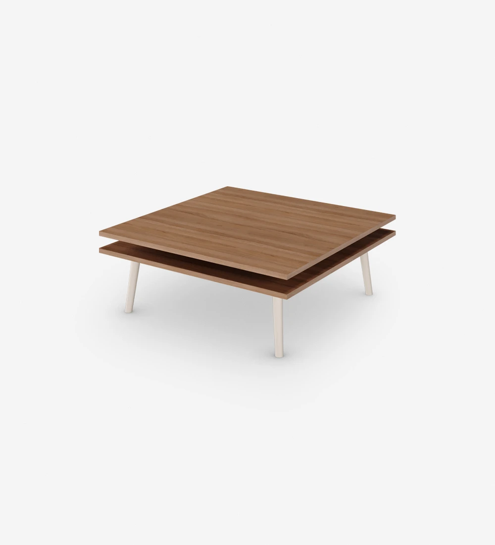 Oslo square center table, 2 walnut tops and pearl lacquered feet, 90 x 90 cm.