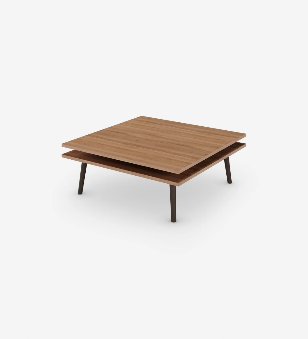 Table basse Oslo carrée, 2 plateaux en noyer et pieds laqués marron foncé, 90 x 90 cm.