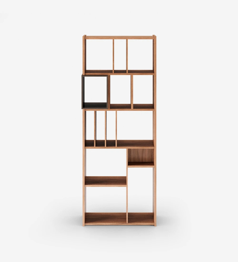 Oslo vertical bookcase in walnut, dark brown lacquered module, 70 x 180 cm.
