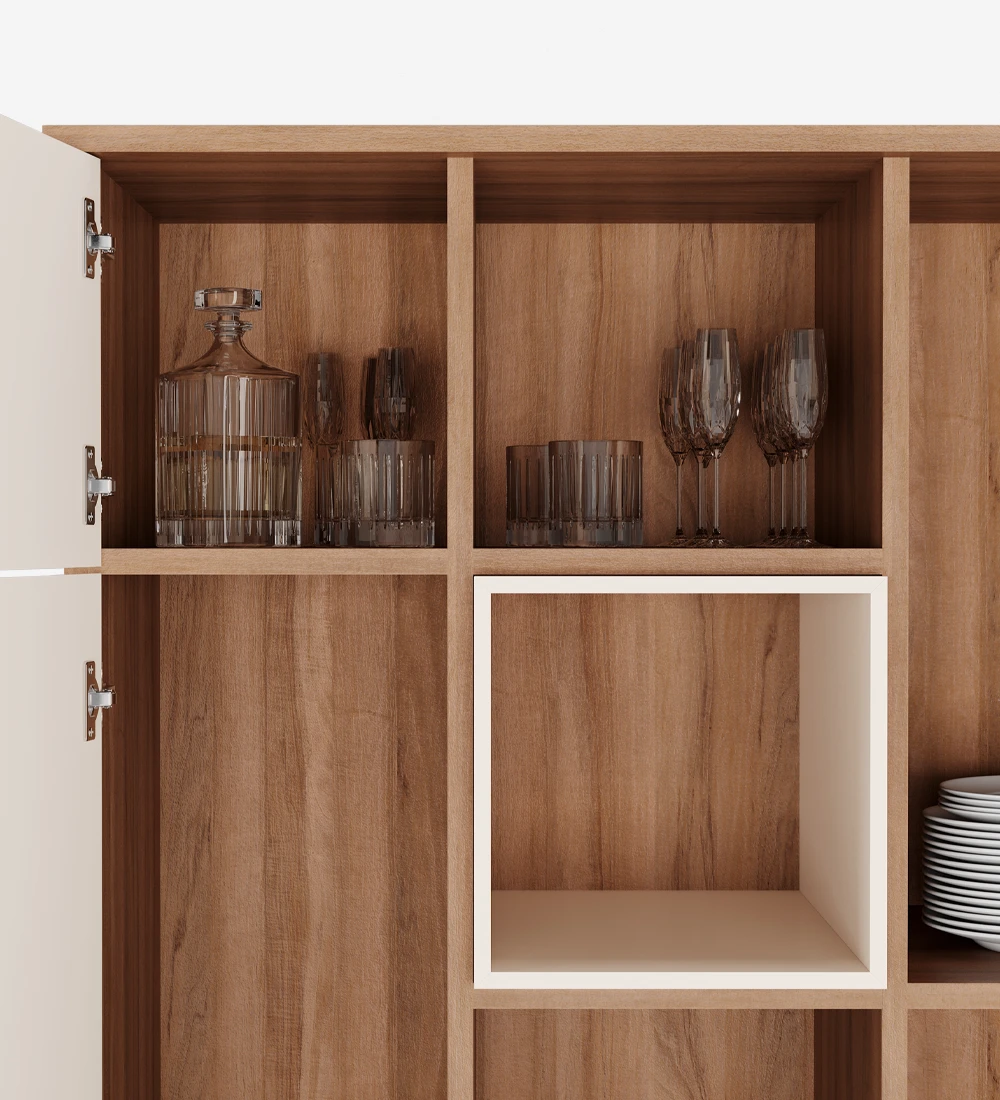 Oslo bar cabinet with walnut structure, pearl lacquered doors, module and feet, 92 x 141,2 cm.