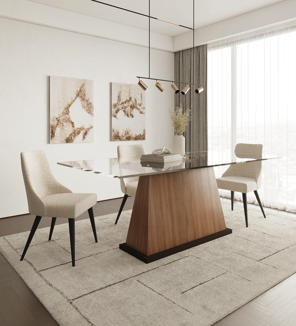 Oslo rectangular dining table 200 x 98 cm, glass top, walnut central foot and dark brown lacquered base.
