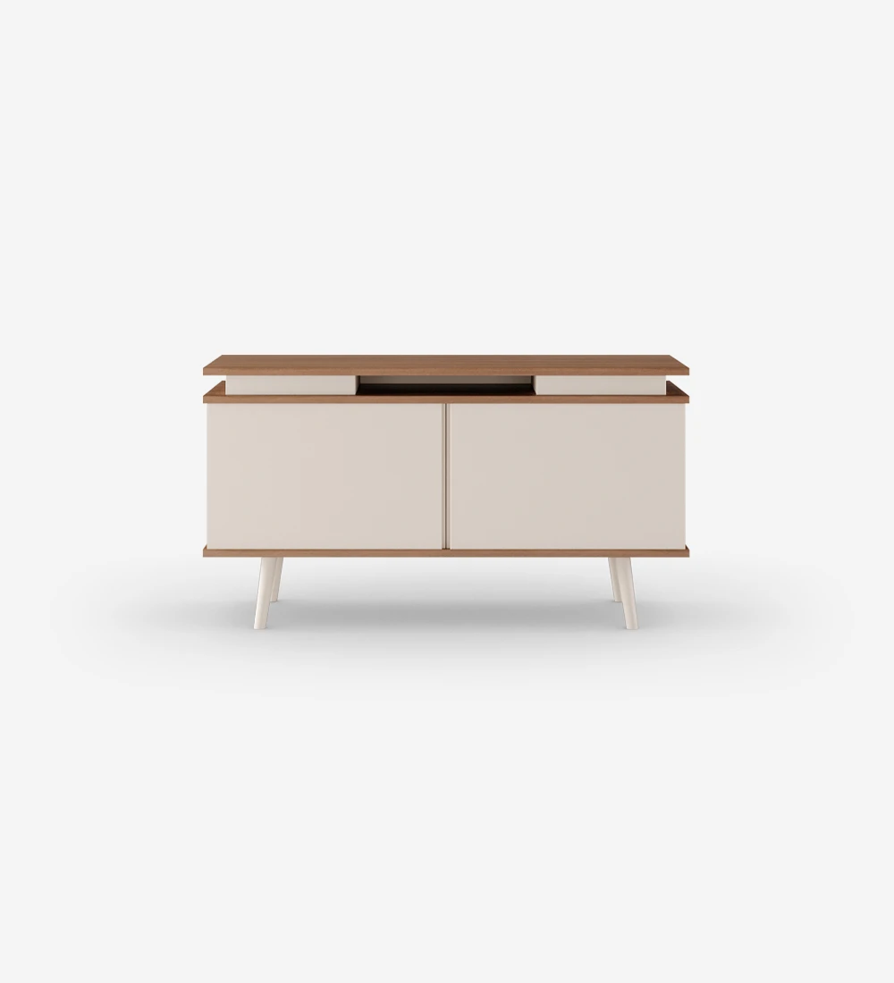 Oslo TV stand 2 doors and feet lacquered in pearl, walnut structure, 120 x 58,8 cm.