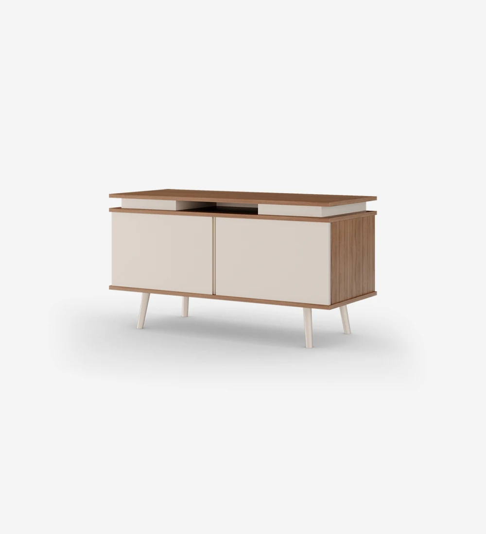 Oslo TV stand 2 doors and feet lacquered in pearl, walnut structure, 120 x 58,8 cm.