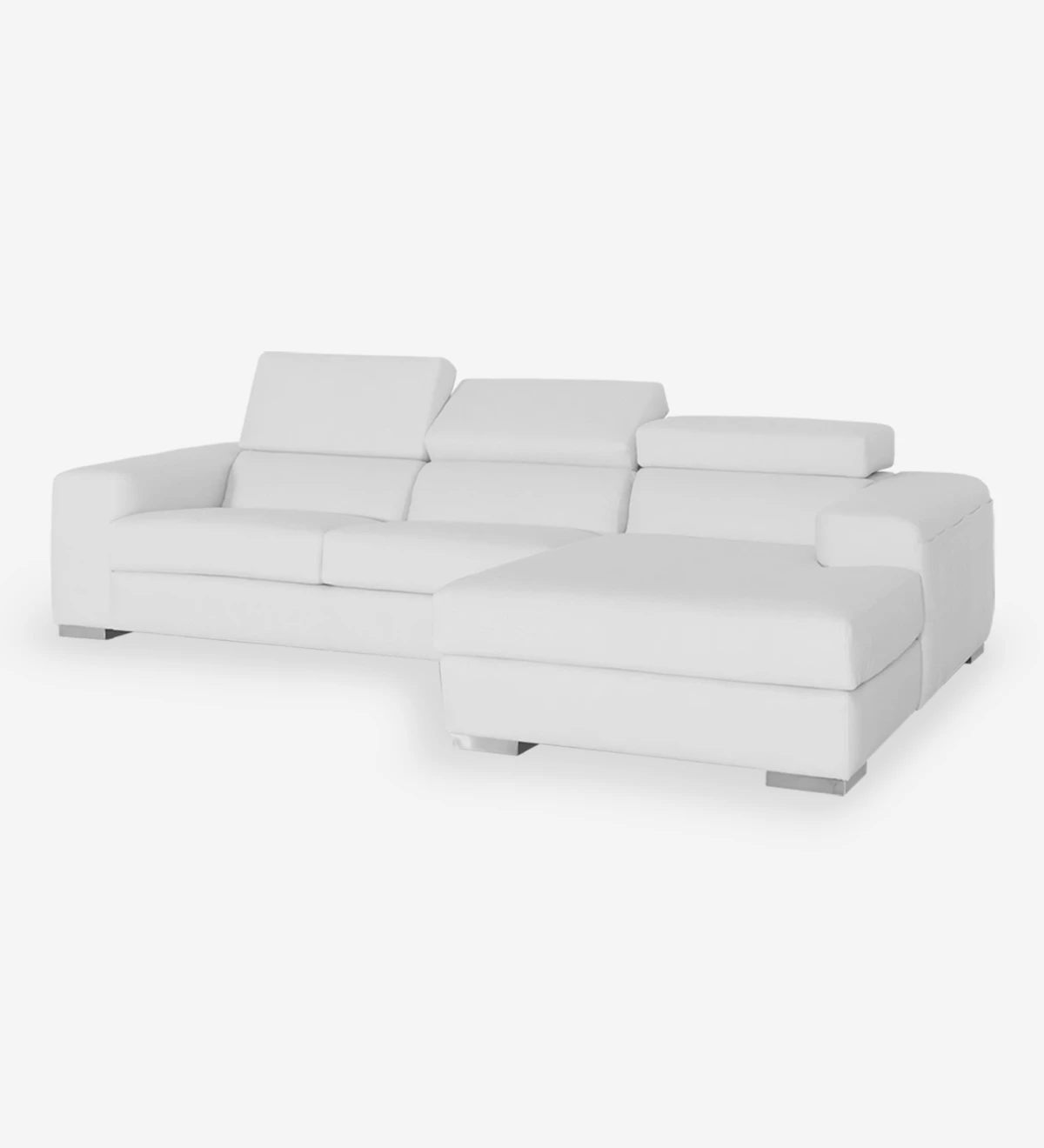 Canapé 2 places avec chaise longue, revêtu de simili cuir blanc, avec têtières inclinables.