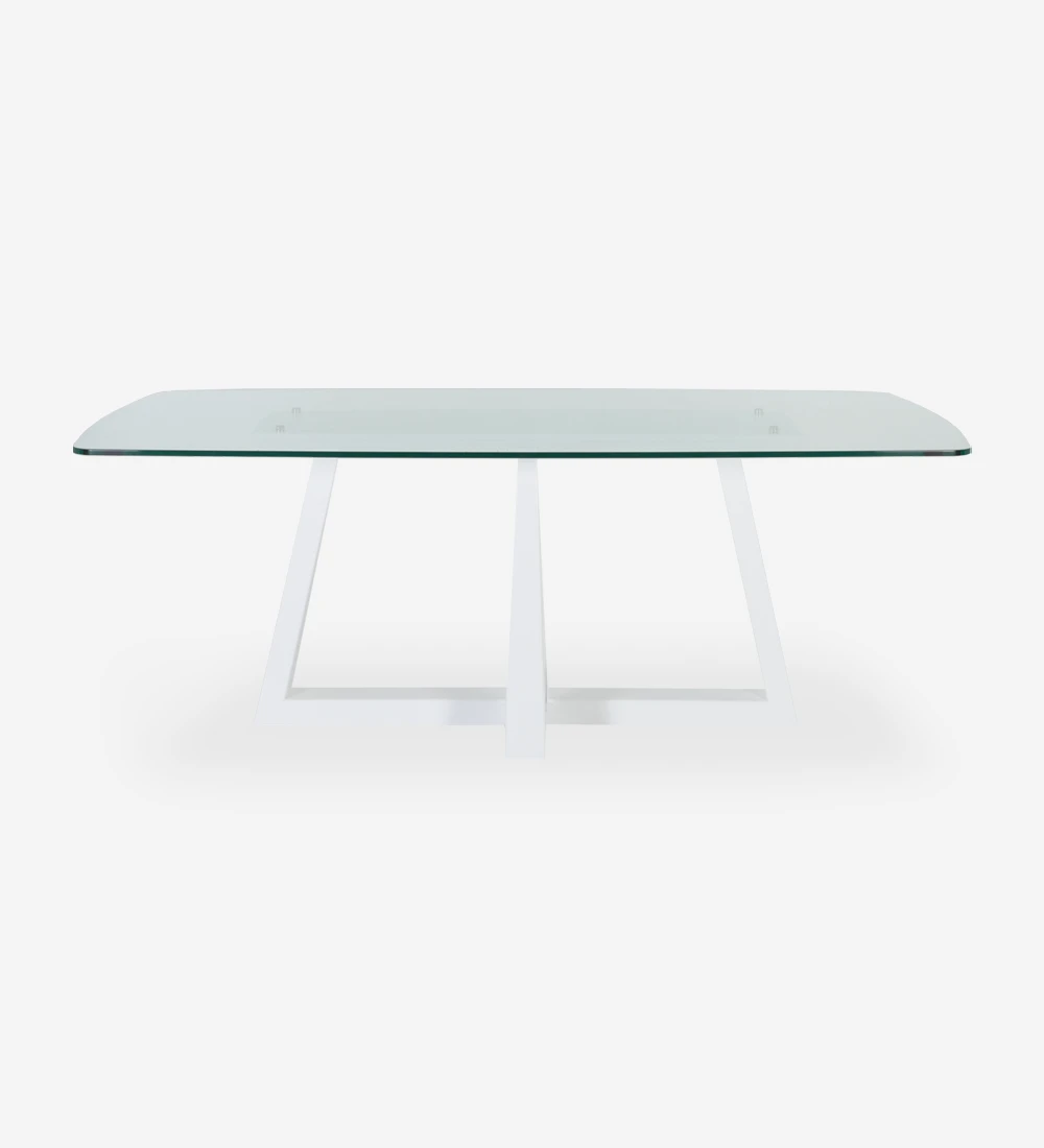 Rectangular dining table with glass top and pearl lacquered center foot.