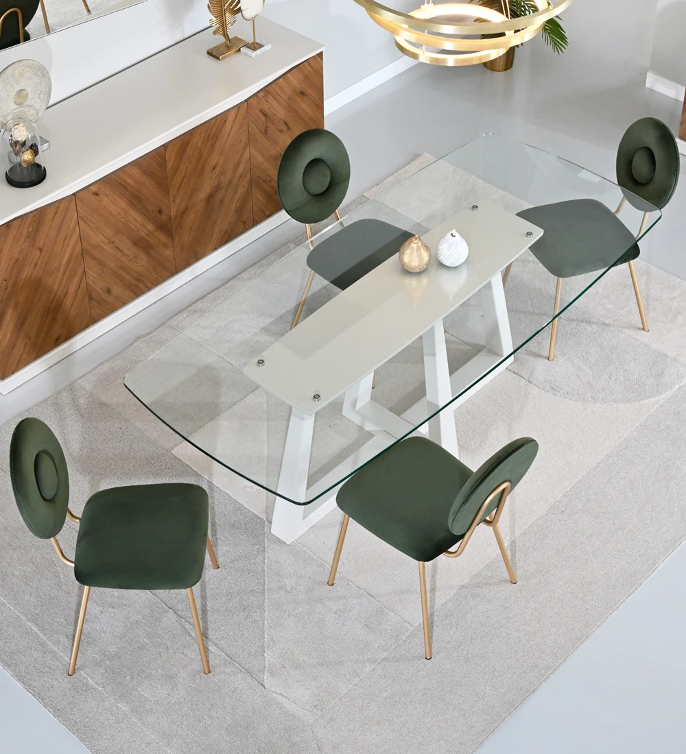 Rectangular dining table with glass top and pearl lacquered center foot.