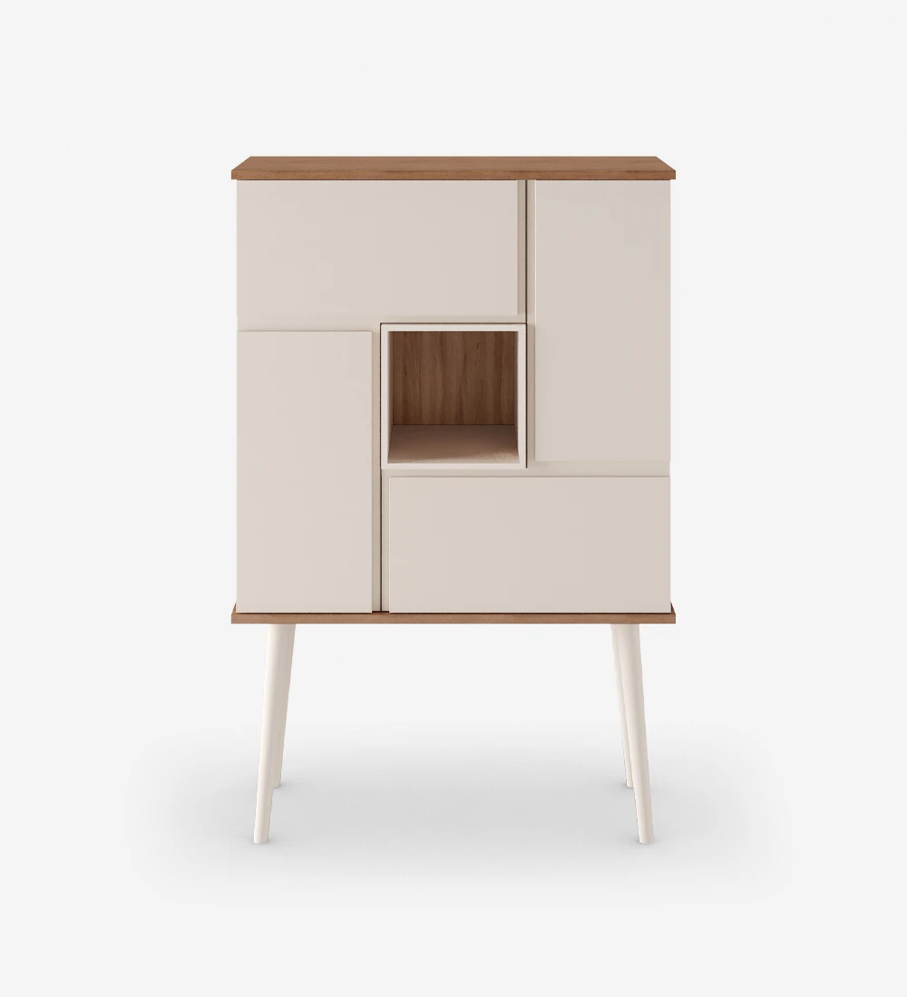 Bar cabinet with walnut structure, doors, module and feet lacquered in pearl.