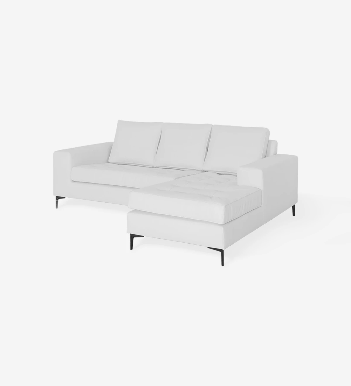 Canapé 2 places avec chaise longue, rembourré en simili cuir blanc, avec pieds en métal laqué noir.