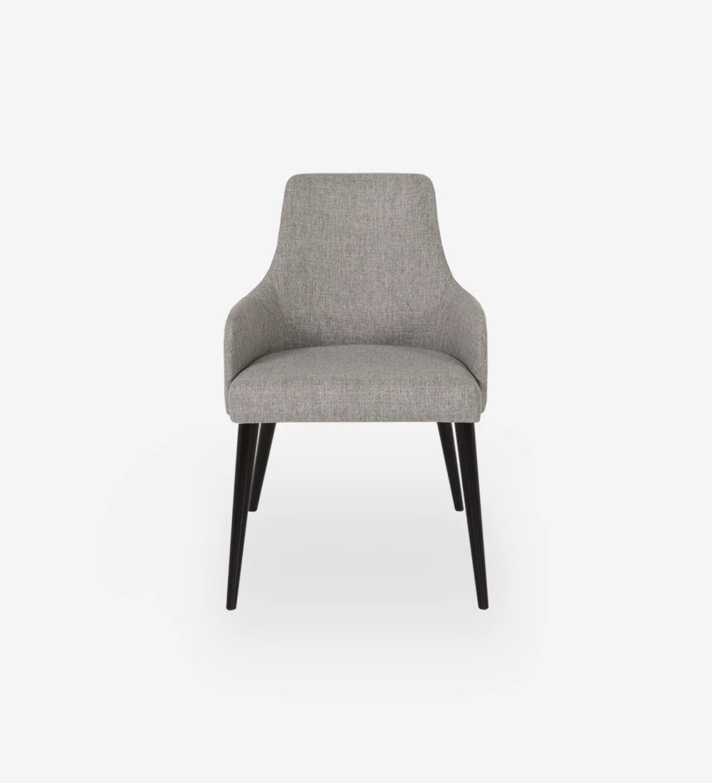 Chair with armrests upholstered in fabric, with dark brown lacquered feet.