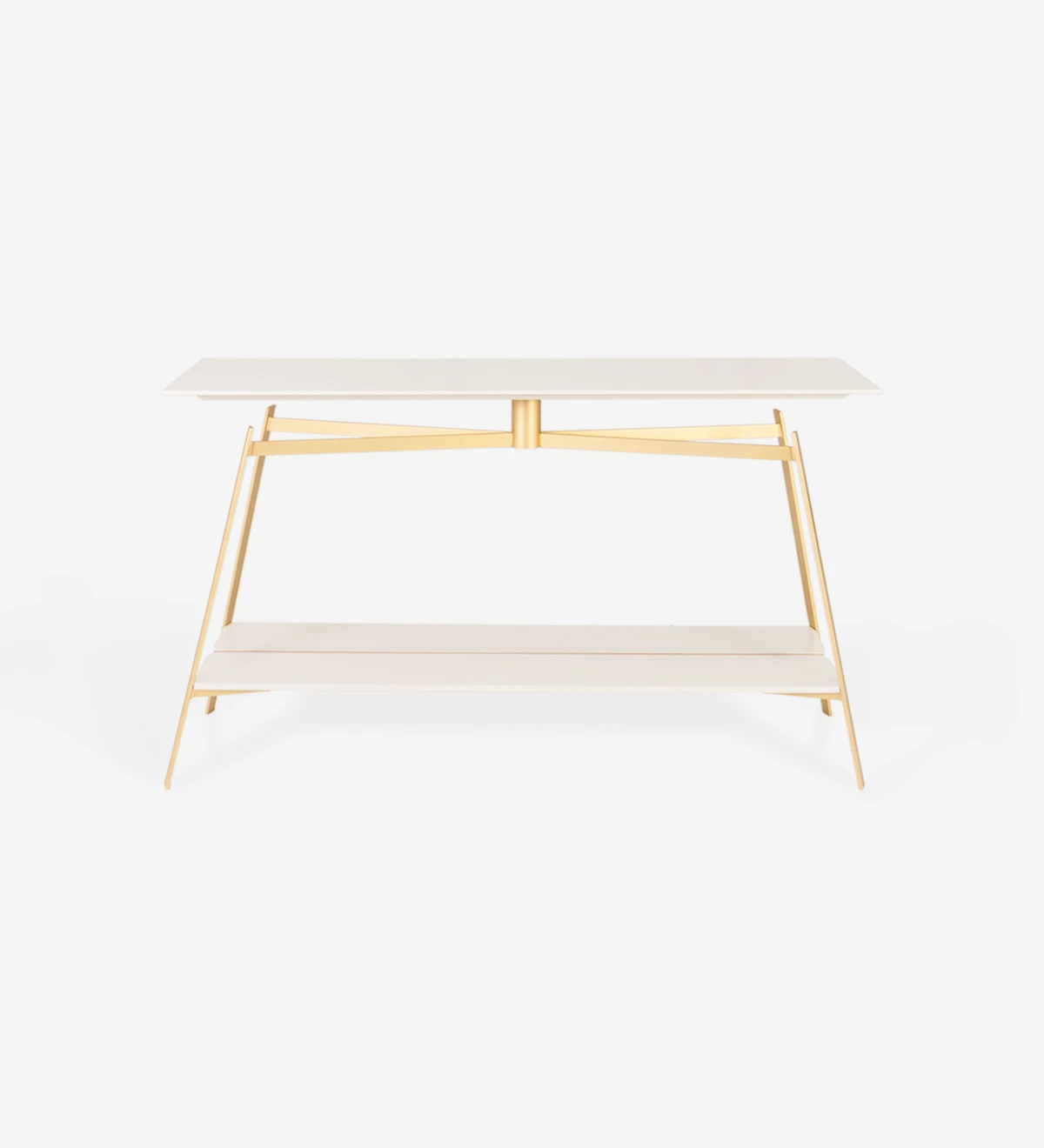 Console with pearl lacquered top and shelf, gold lacquered metal foot.