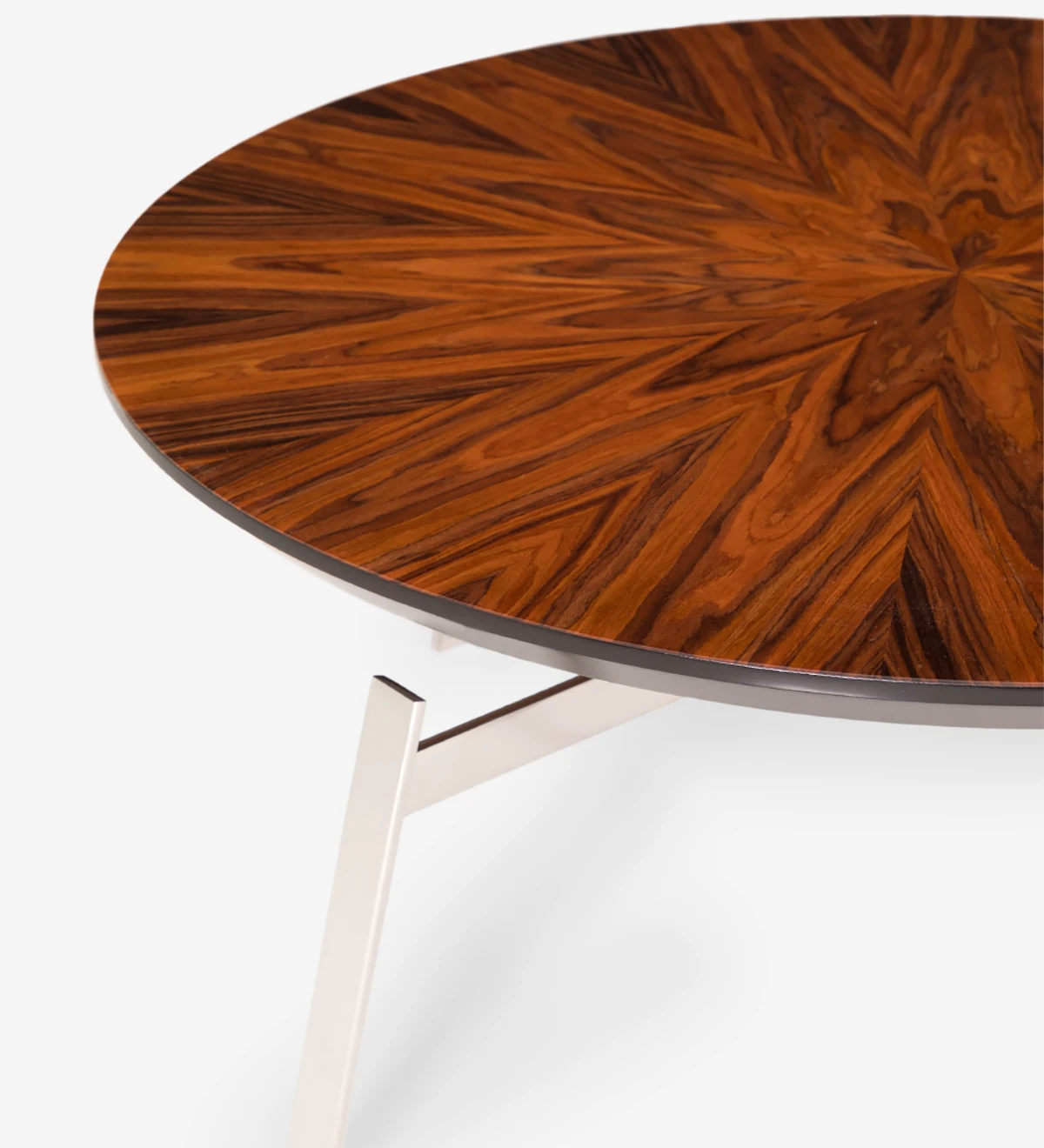 Table basse ronde avec plateau en palissandre brillant et pied en acier inoxydable