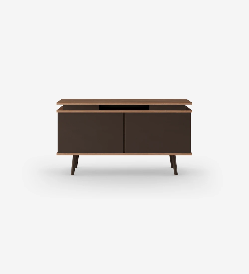 Oslo TV stand 2 doors and feet lacquered in dark brown, walnut structure, 120 x 58,8 cm.