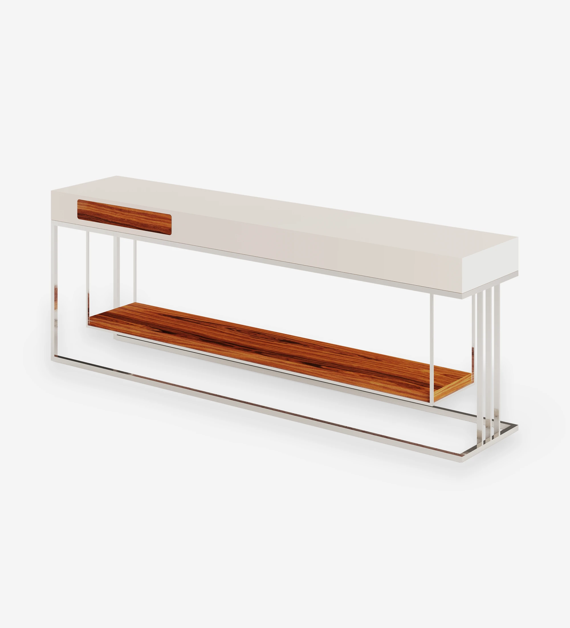 Double-sided console, with drawer in each side and shelf in high gloss palissander, pearl lacquered structure and stainless steel foot.