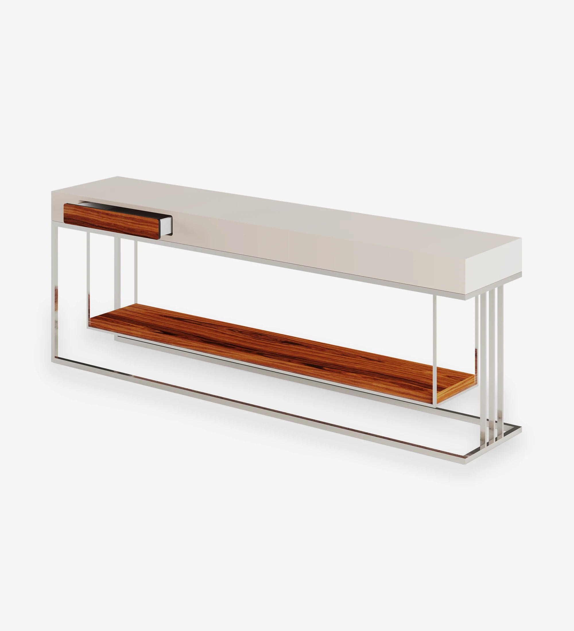 Double-sided console, with drawer in each side and shelf in high gloss palissander, pearl lacquered structure and stainless steel foot.