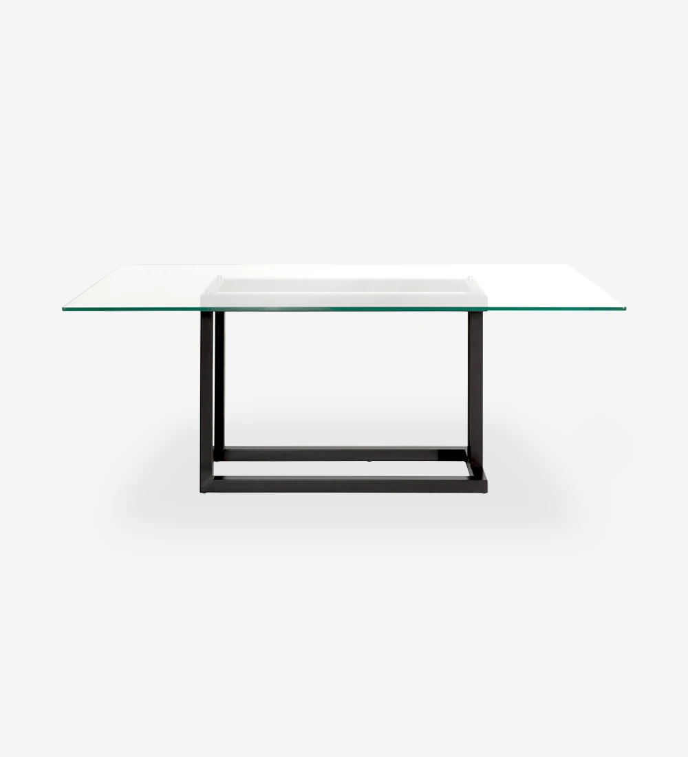 Mesa de jantar retangular com tampo de vidro e pé metálico lacado a negro