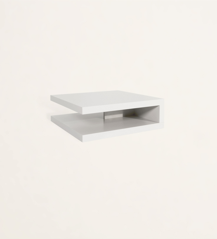 Mesa de centro quadrada com 2 tampos lacados a pérola e mesa de centro quadrada baixa em carvalho natural