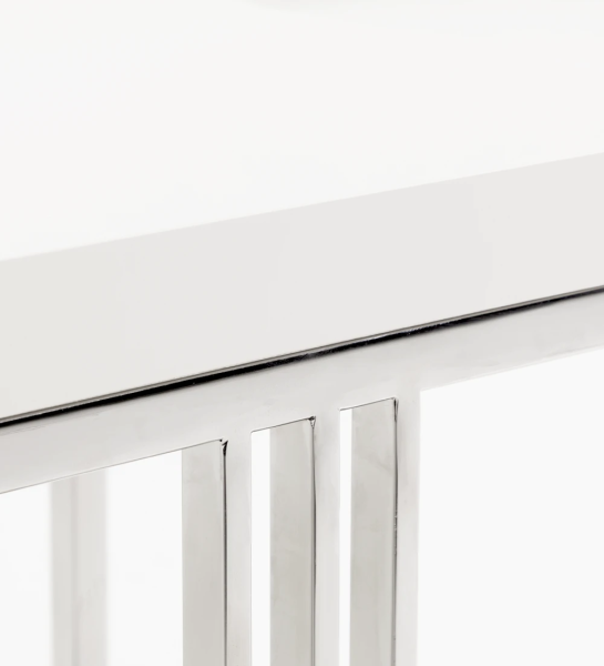 Square side table with pearl lacquered top and stainless steel foot.