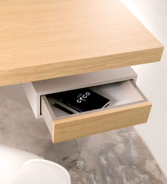Natural oak wood top, pearl lacquered drawer module and metalic foot