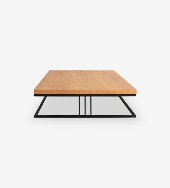 Square center table with honey oak top and black lacquered metallic foot.