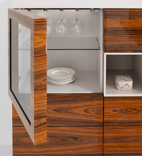 Cupboard with 4 doors in high gloss palissander, pearl lacquered frame and module.