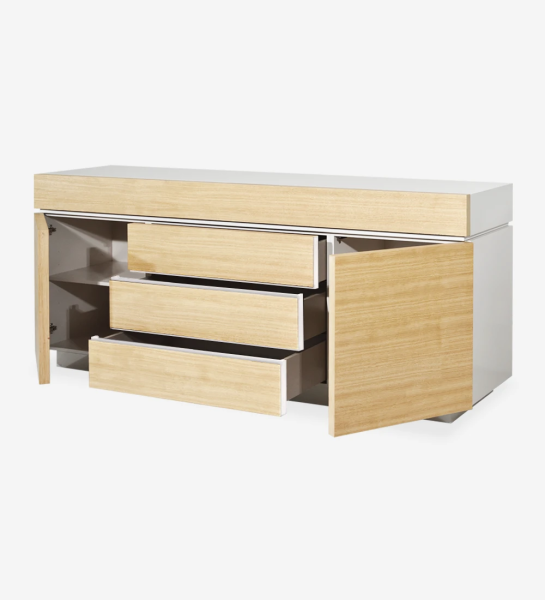 Sideboard with doors and drawers in natural oak, pearl lacquered structure, with drawer for cutlery.