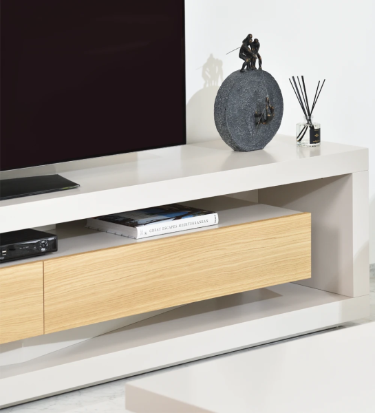 TV Stand with structure and drawer module lacquered in pearl, drawers in natural oak