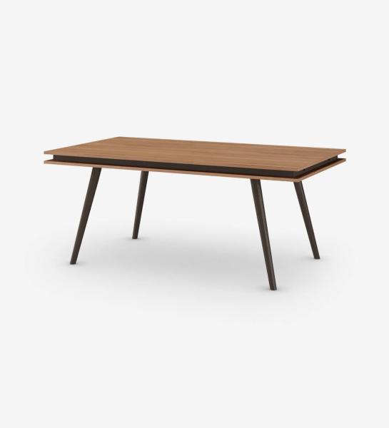 Rectangular extendable dining table with walnut top, dark brown lacquered legs.