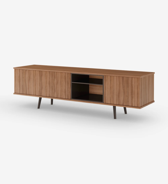 TV stand with 3 doors and walnut structure, module and feet lacquered in dark brown.