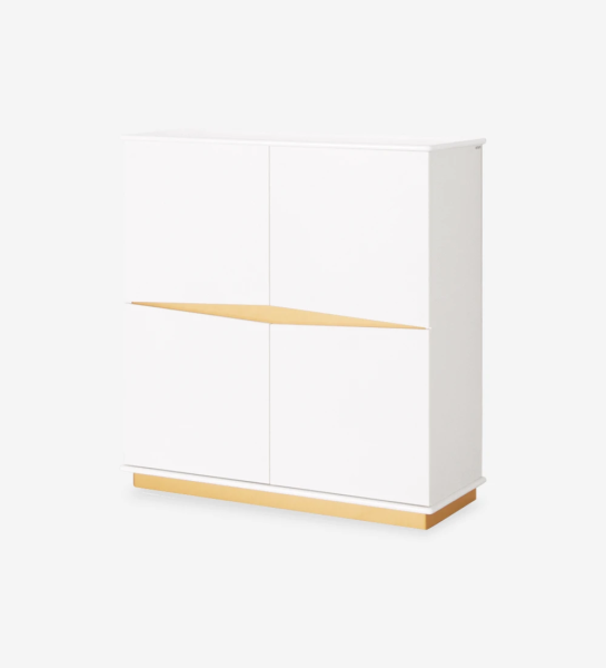 Cupboard with 4 doors and white oak structure, white lacquered top, baseboard and detail lacquered in gold.
