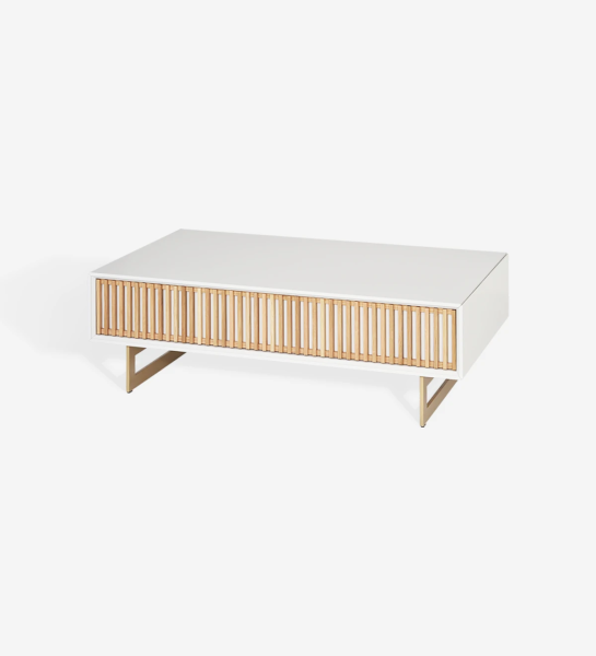Rectangular center table with 1 natural oak drawer, pearl lacquered structure and gold lacquered metal feet.