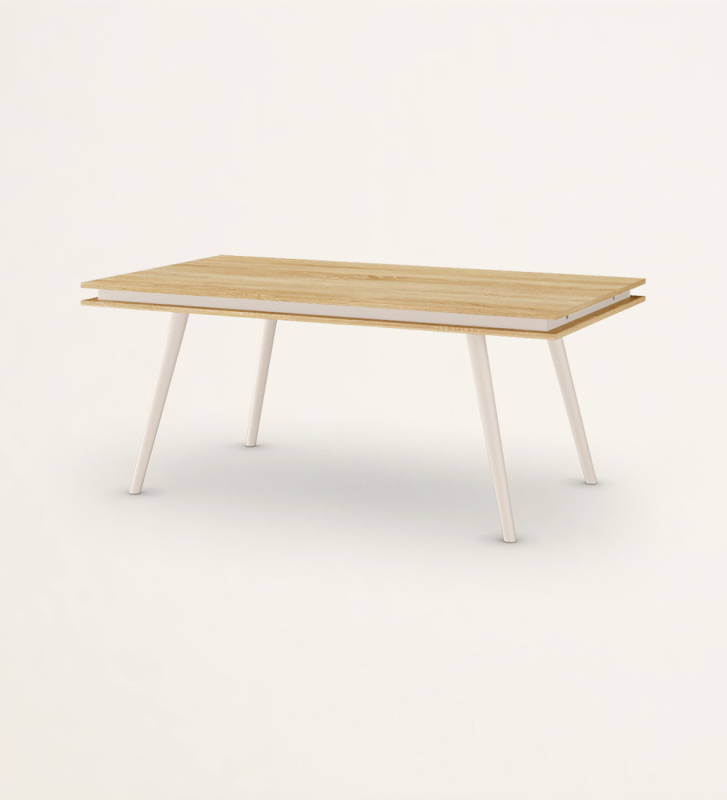 Mesa de jantar extensível retangular com tampo em carvalho cor natural, pés lacados a pérola.