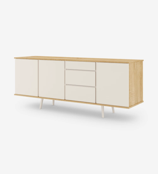 Sideboard with 3 doors, 3 drawers and pearl lacquered feet, structure in natural oak.